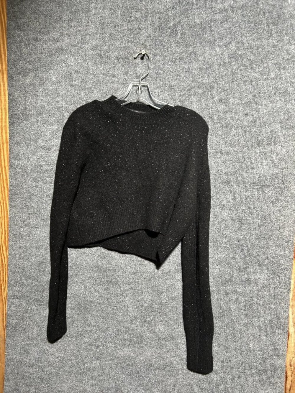 AllSaints Sweater Womens XS Black Glitter Crewneck Cropped Asymmetric Hem Knit